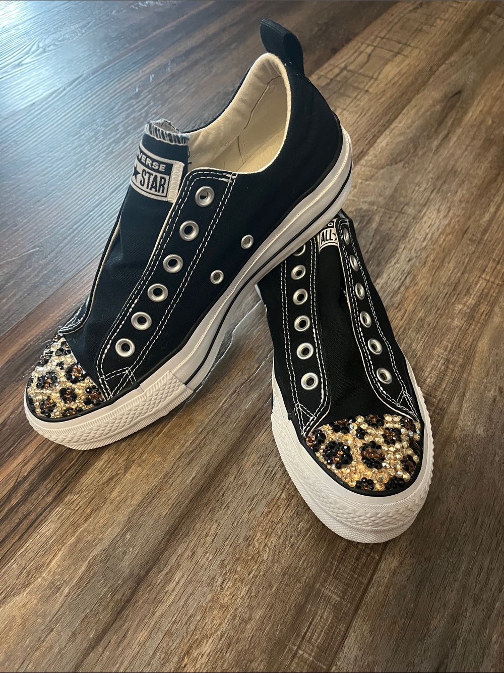 Converse Black Slip-On Sneakers with Swarovski crystal leopard print toes!